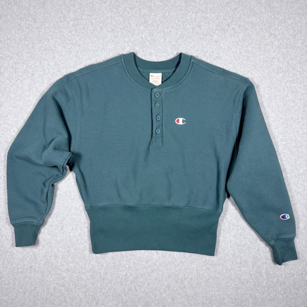 Champion Reverse Weave Henley Sweatshirt Teal Blue Green Womens Small Cropped